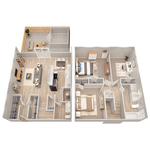 two views of a 3d floor plan of a house